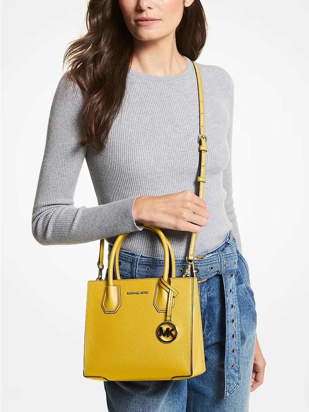 Michael Kors Mercer Medium Pebbled Leather Crossbody Bag in Daffodil Yellow